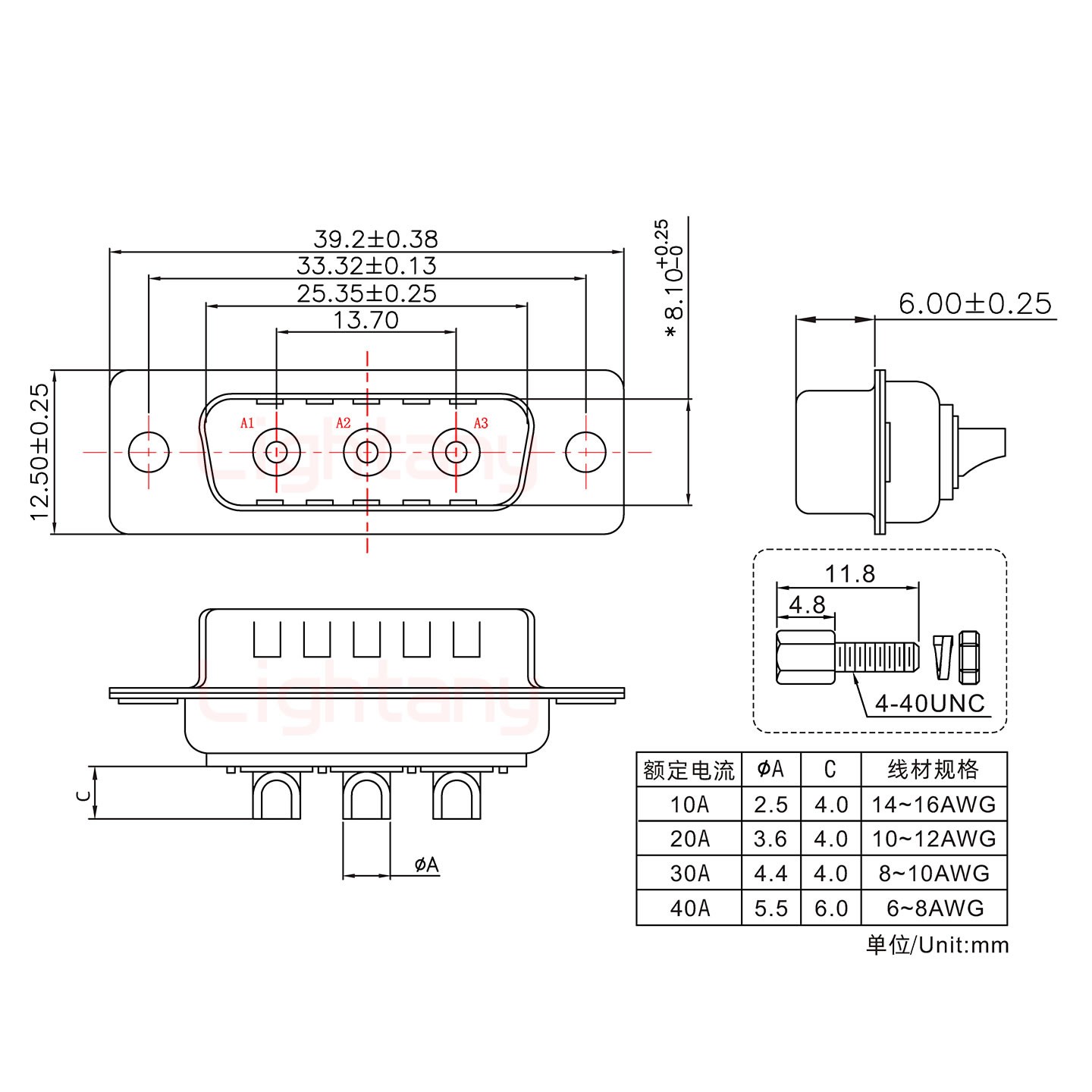 3W3公短體焊線(xiàn)/配螺絲螺母/大電流20A