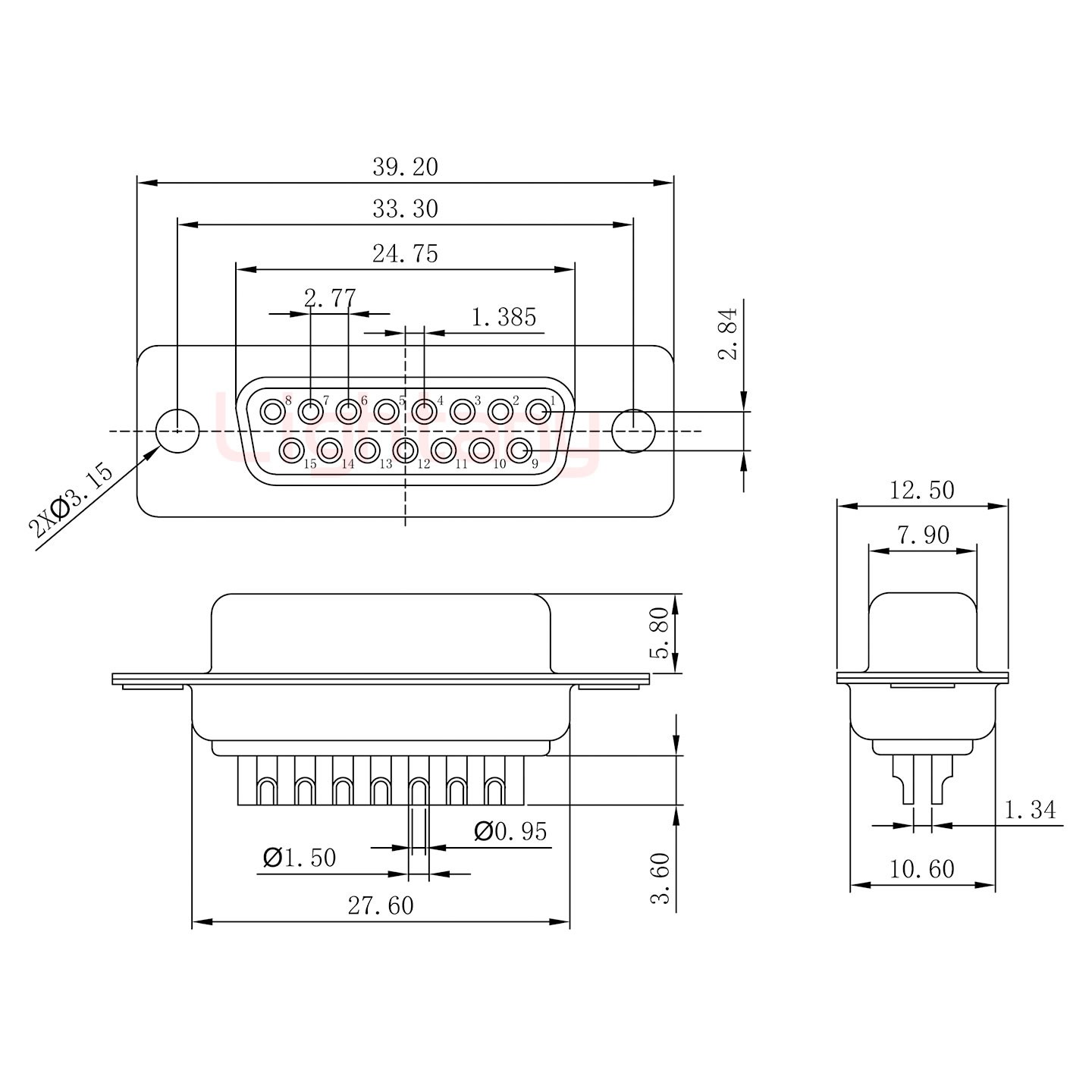 DB15母焊線(xiàn)+金屬外殼1664直出線(xiàn)4~12mm