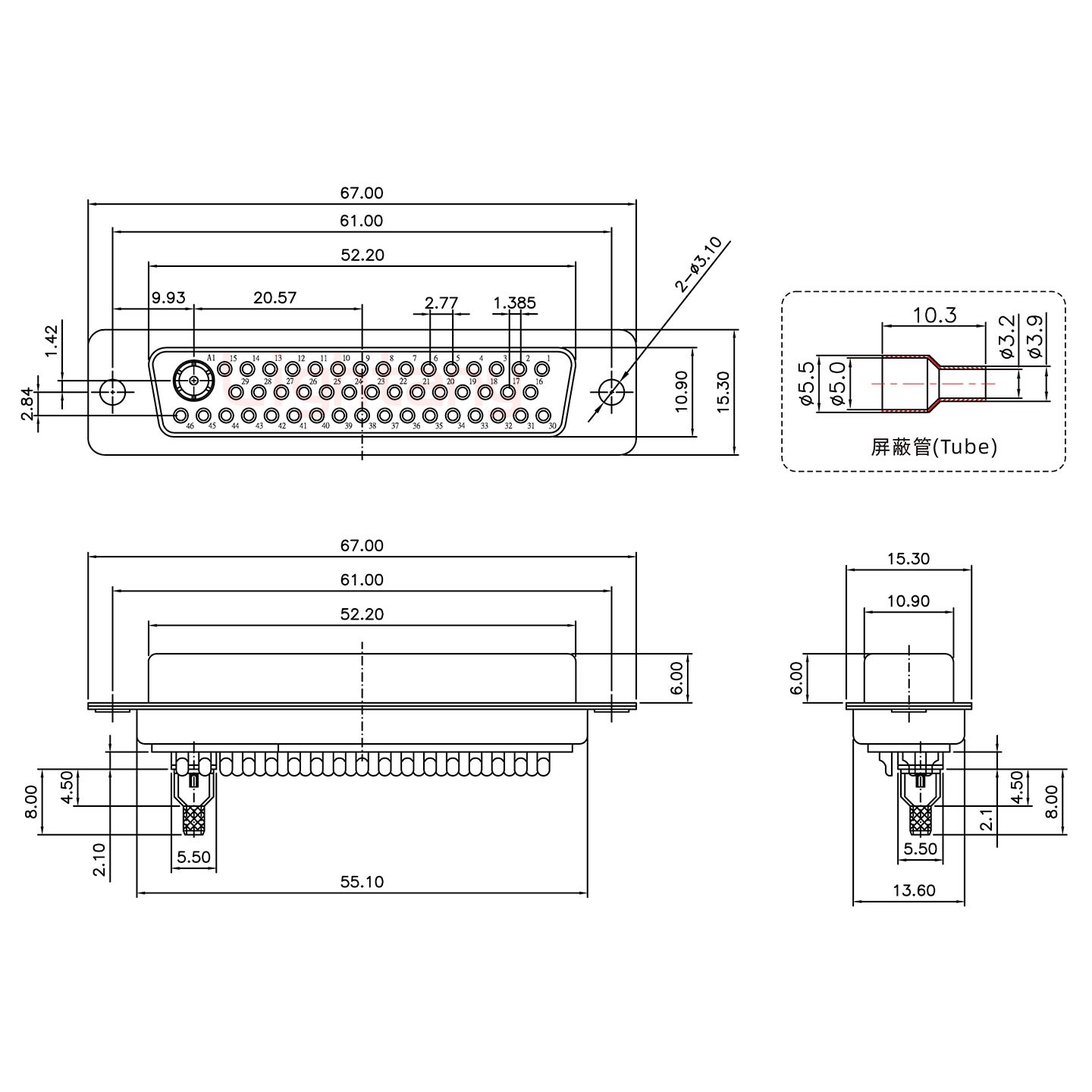 47W1母焊線(xiàn)式75歐姆+50P金屬外殼1745彎出線(xiàn)4~12mm